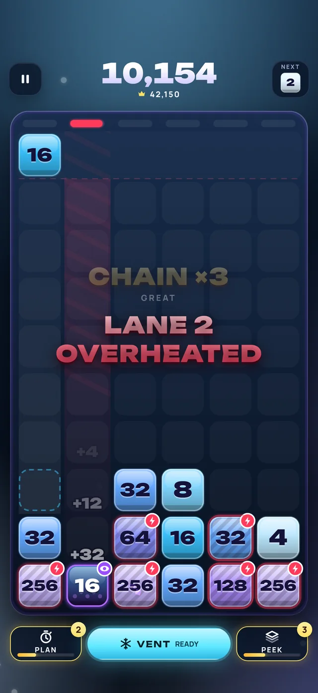 Over Stacks gameplay with a lane overheating
